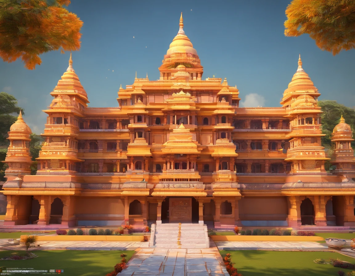 back view of : Create an image of Lord Rama and brother Laxman wearing saffron cloth with her wife Sita, she wearing saffron Saree,calm and smiling face, arrow and bow in his shoulder, going to Hindu temple, step up on temple stairs, Hyperdetailed, photo of Beautiful elegant entangled stone Hindu temple architecture, Shree Ram Mandir, built on a raised platform, illustration by Chandrakant Sompura, Chaulukya style architecture, masterpiece design,