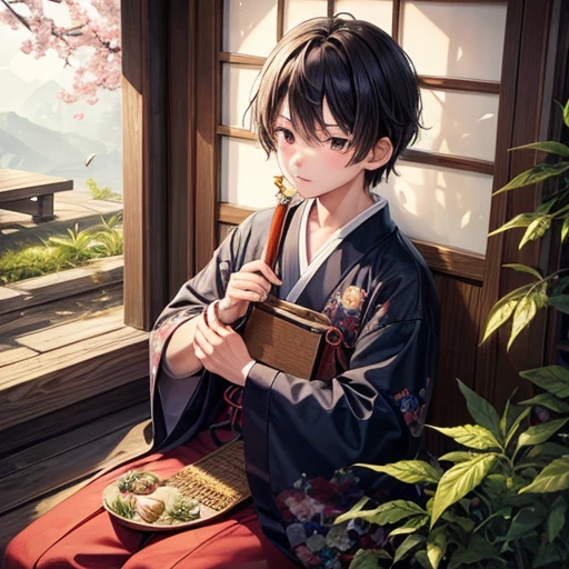 High resolution, Super detailed, masterpiece, highest quality,oriental、outside、nature、old japanese clothes、boy in stray clothes、I got weed