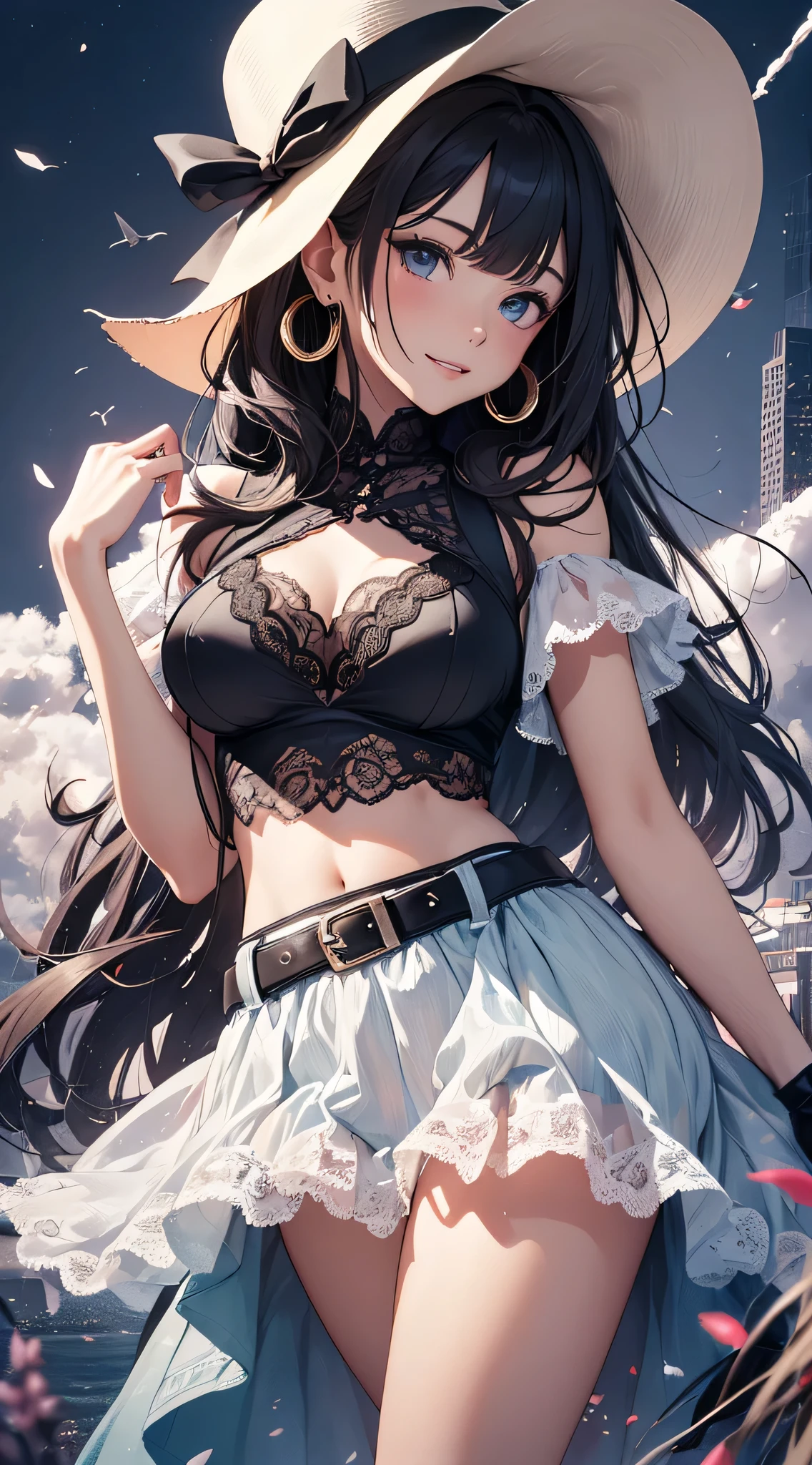 最high quality、best image quality、masterpiece、age girl((18-year-old、 By becoming、vest bust、medium bust,wide open breast tea、black eye, black hair、long hair、thin,highest valley、Perforated gloves、blue earrings、cowboy hat、black vest、white t-shirt、torn blue pants、smile、gesture with hat)),high quality、beautiful art、background((grassland)),debris flies、Depth of written boundary、movie、visual art、perfect art、8K,genuine