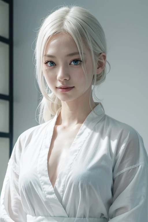 短い髪、great smile、a beautiful albino woman、白い肌、白い髪、アイドル、30歳の女性、マスターピース、大きな胸、Best Quality, masuter piece, High resolution, albino girl、(((1girl in))),(((eyes are white:1.3)))、robe blanche、((White shirt:1.3、White Block Dress)), Tindall Effect, Realistic, Shadow Studio,Ultramarine Lighting, dual-tone lighting, (High Detail Skins: 1.2)、Pale colored lighting、Dark lighting、 Digital SLR, Photo, High resolution, 4K, 8K, Background blur,Fade out beautifully、a white world、White background
