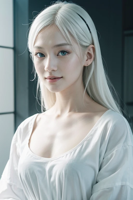 短い髪、great smile、a beautiful albino woman、白い肌、白い髪、アイドル、30歳の女性、マスターピース、大きな胸、Best Quality, masuter piece, High resolution, albino girl、(((1girl in))),(((eyes are white:1.3)))、robe blanche、((White shirt:1.3、White Block Dress)), Tindall Effect, Realistic, Shadow Studio,Ultramarine Lighting, dual-tone lighting, (High Detail Skins: 1.2)、Pale colored lighting、Dark lighting、 Digital SLR, Photo, High resolution, 4K, 8K, Background blur,Fade out beautifully、a white world、White background

