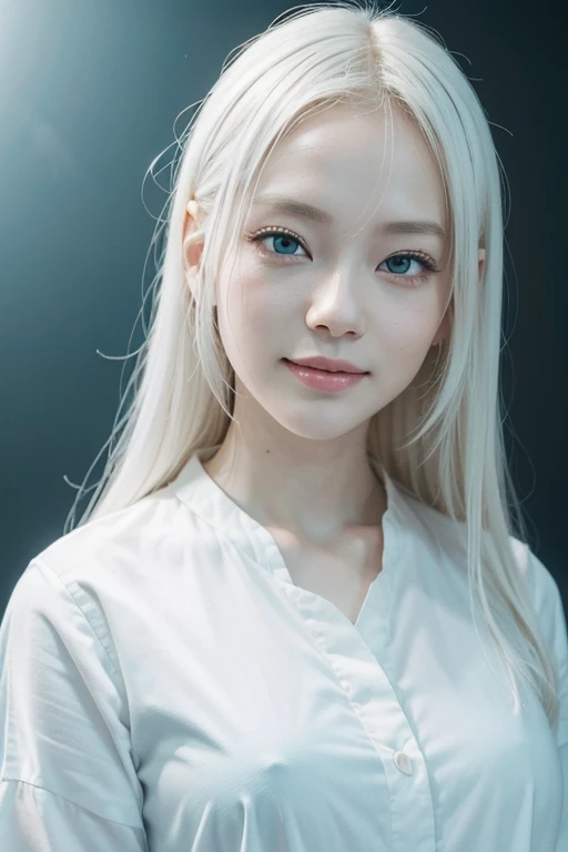 短い髪、great smile、a beautiful albino woman、白い肌、白い髪、アイドル、30歳の女性、マスターピース、、Best Quality, masuter piece, High resolution, albino girl、(((1girl in))),(((eyes are white:1.3)))、robe blanche、((White shirt:1.3、White Block Dress)), Tindall Effect, Realistic, Shadow Studio,Ultramarine Lighting, dual-tone lighting, (High Detail Skins: 1.2)、Pale colored lighting、Dark lighting、 Digital SLR, Photo, High resolution, 4K, 8K, Background blur,Fade out beautifully、a white world、White background
