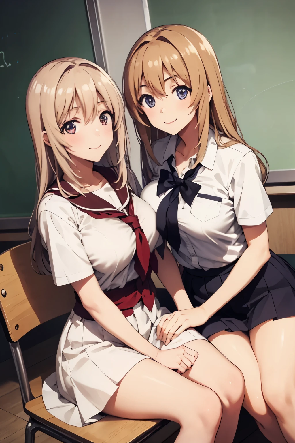 Full body, Japanese high school students, two girls, a girl with wavy hair and a girl with straight hair, cute, big eyes, small nose, big breasts, slender, shirt, classroom, cuddling, smiling,