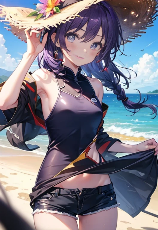 Yuki,Yuki　SAO,one girl,purple hair,Ahoge,long hair,Braid,flower hair ornament,While strolling along the sandy sands of the beach,そよ風になびくpurple hair, purple swimsuit,shorts,straw hat,blush,smile,Are you having fun,(masterpiece:1.2), highest quality, High resolution, unity 8k wallpaper, (figure:0.8), (beautiful and fine eyes:1.6), highly detailed face, perfect lighting, Very detailed CG, (perfect hands, perfect anatomy),