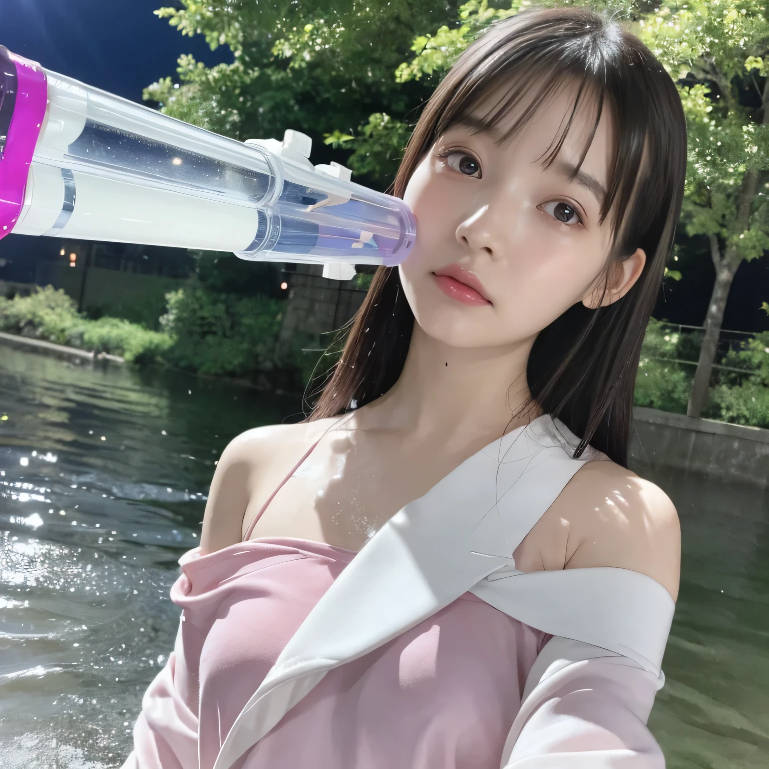 8K quality、最高masterpiece、A Japanese woman with black hair that has a slight purple reflection is holding a water gun filled with fluorescent water in an empty park at night.、(lips with gloss lip)、Clothes that have fallen off、whiteいドロップショルダーのTシャツにwhiteいマイクロミニスカートにビーチサンダル、something muddy(white)is dripping(Facial)、Slightly transparent clothes、(One-shoulder)、pink patch on chest(protuberance)、Hair length is long and straight、have bangs、realistic skin texture、natural skin、holding a water gun in one hand、(soaking wet)、Drenched clothes、wet clothes、Shiny skin、surrealism、ray tracing、cinematic lighting、Sony FE GM、Backlight、masterpiece