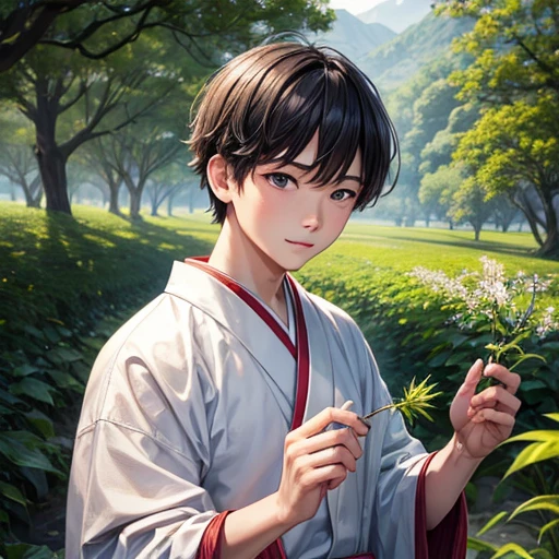  High resolution, Super detailed, masterpiece, highest quality,oriental、outside、nature、old japanese clothes、boy working in the field、I got weed