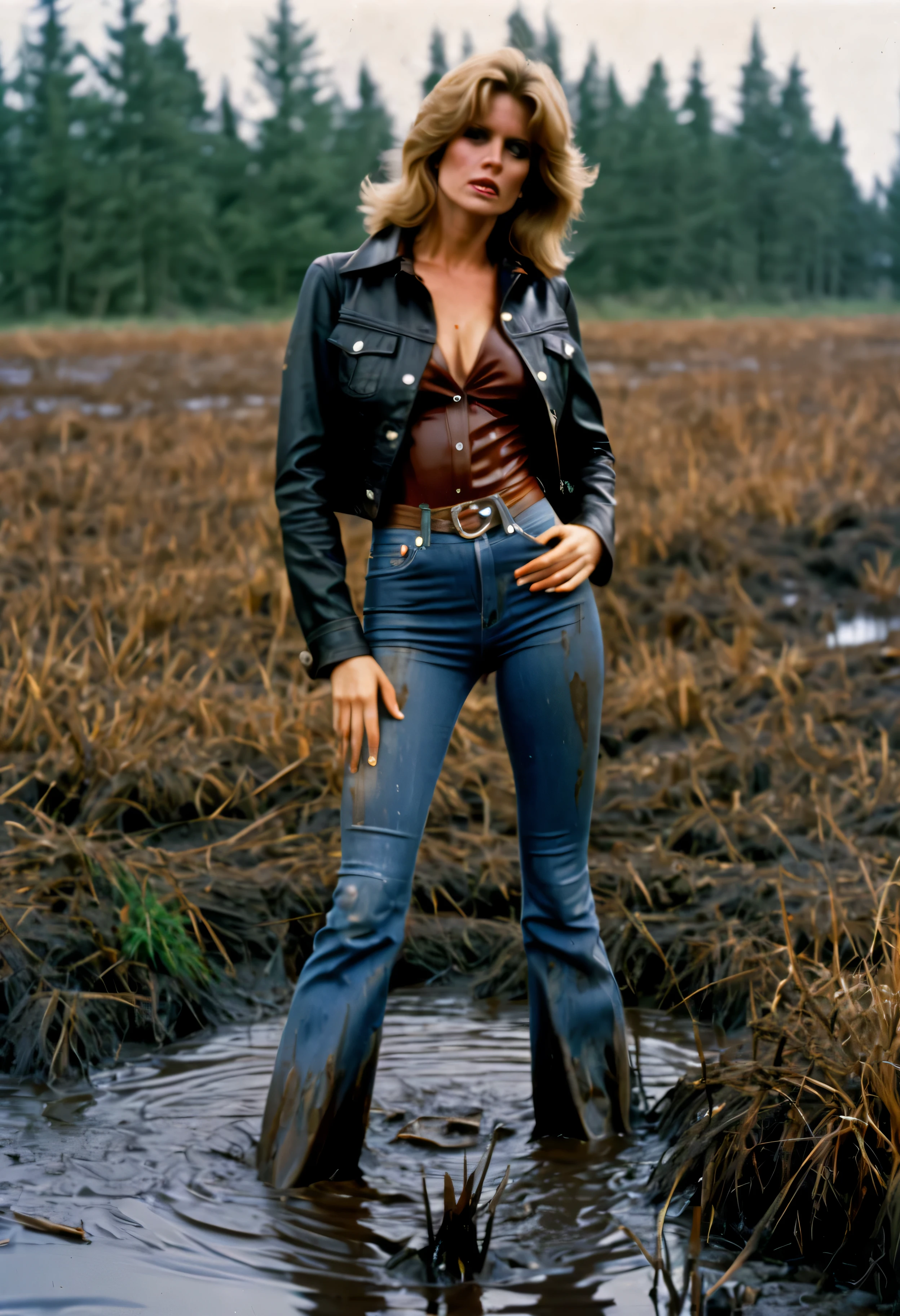 70s setting, film photo of woman in dirty worn-out high waist jeans and leather jacket and blouse drowning in bog while indulging in her shameful fetish, flares ,muddy up to her thighs