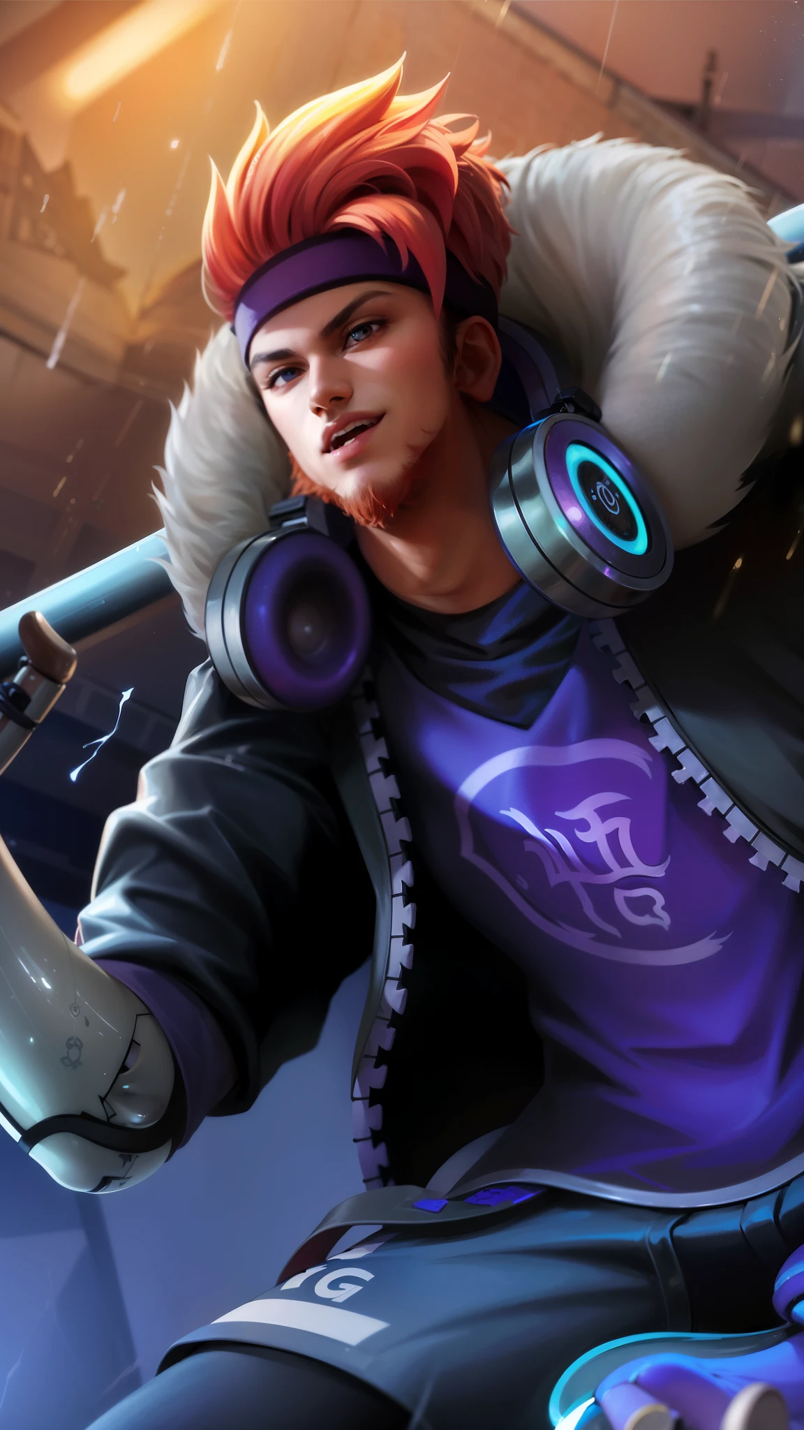 masculine male, masterpiece, ((perfect eyes)) best quality, (semirealism:1.9), beautiful lighting, (extremely detailed CG unity 4k fhd wallpaper), High Detail, Sharp focus, dramatic outdoors, 1 boy ,19 years old, white hair, light purpel eyes, smile.