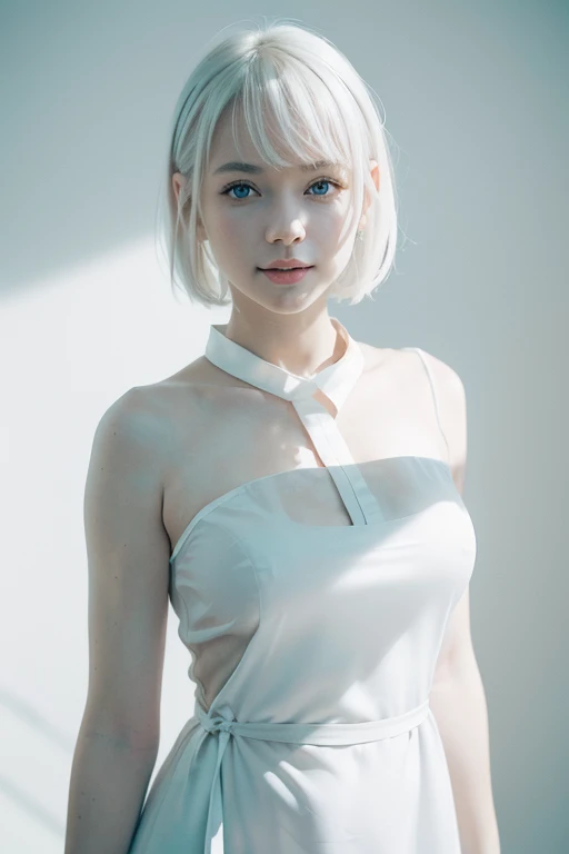 sunbathing in black bikini、short hair、wonderful smile、beautiful albino woman、white skin、white hair、Idol、30 year old woman、master piece、big breasts、highest quality、master piece、High resolution、albino girl、(((1 girl))),(((white eyes:1. 3))、robe blanche、((white shirt:1. 3、white block dress))、Tyndall effect、real、shadow studio、Ultramarine Lighting、dual tone lighting、(high detail skin:1.2)、dim lighting、dark lighting、digital single lens reflex、photograph、High resolution、4K、8K、background blur、Fade out beautifully、White world、white background