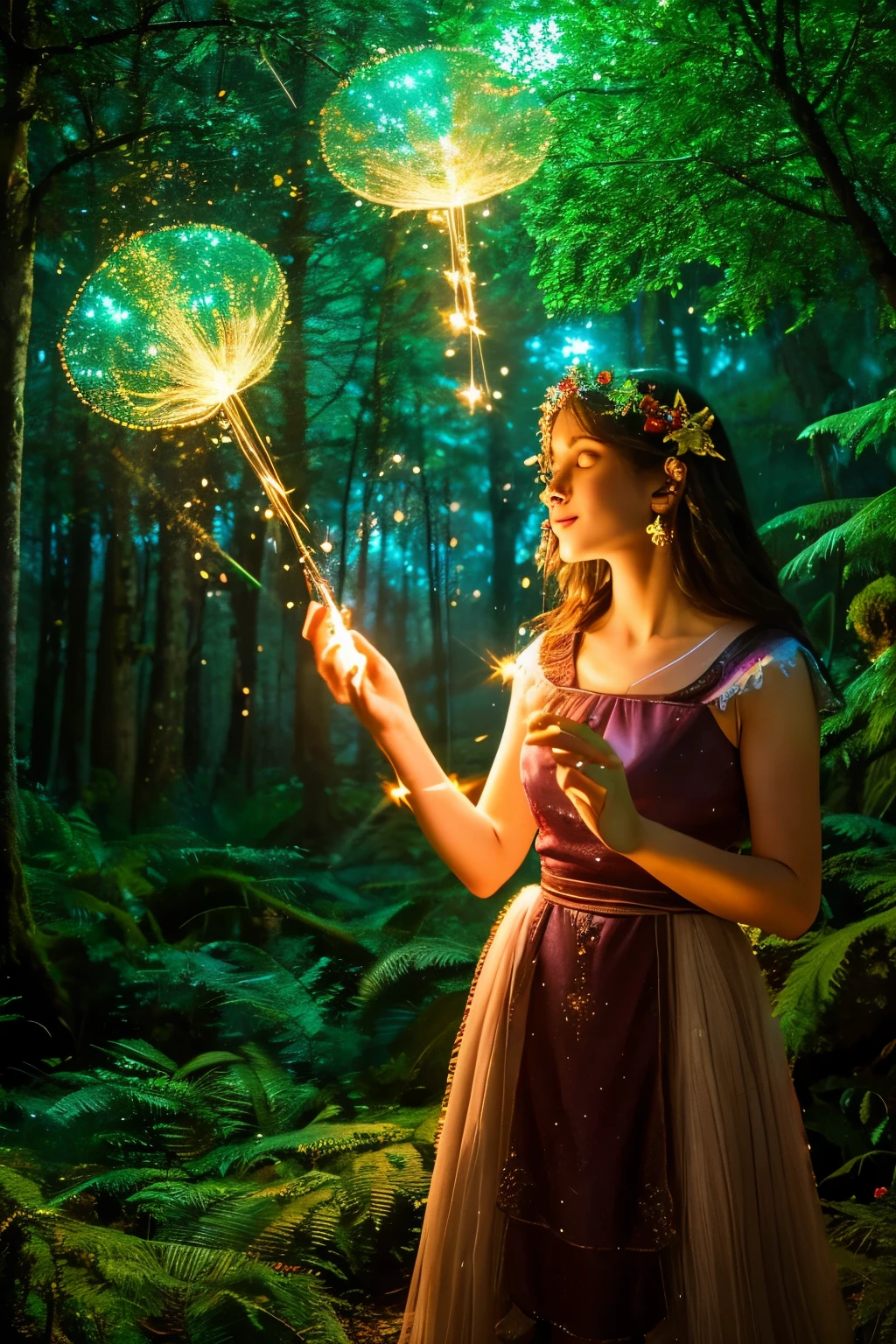 (best quality, Altas, ultra-detalhado), The goddess of Christmas casting glowing mystical spells in an enchanted forest, tons de laranja e e azuis, Retratos, vivid colors, extreme detail description, foco nítido, Physically-based rendering, studio lighting, alegria, donzela, magica, atmosfera feliz, nevoeiro leve, ethereal glow, enchanted trees, Galhos florecido, passaros brilhantes, sunny skies, sombras detalhes, Fascinante, Encantadora, encantada bela"