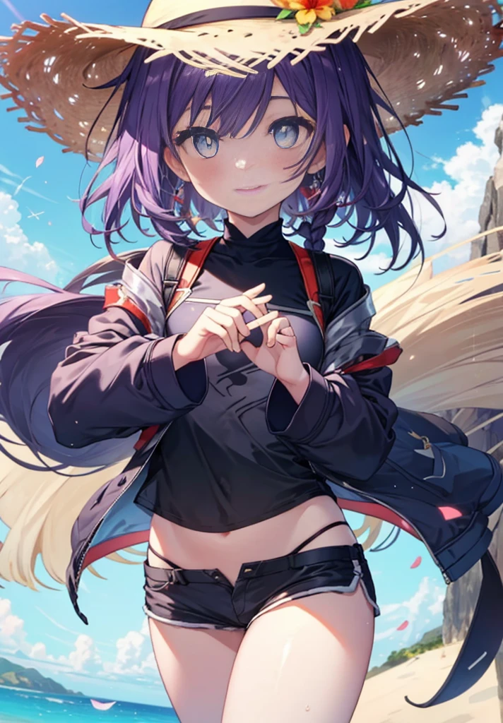 Yuki,Yuki　SAO,one girl,purple hair,Ahoge,long hair,Braid,flower hair ornament,While strolling along the sandy sands of the beach,そよ風になびくpurple hair, purple swimsuit,shorts,straw hat,blush,smile,Are you having fun,(masterpiece:1.2), highest quality, High resolution, unity 8k wallpaper, (figure:0.8), (beautiful and fine eyes:1.6), highly detailed face, perfect lighting, Very detailed CG, (perfect hands, perfect anatomy),