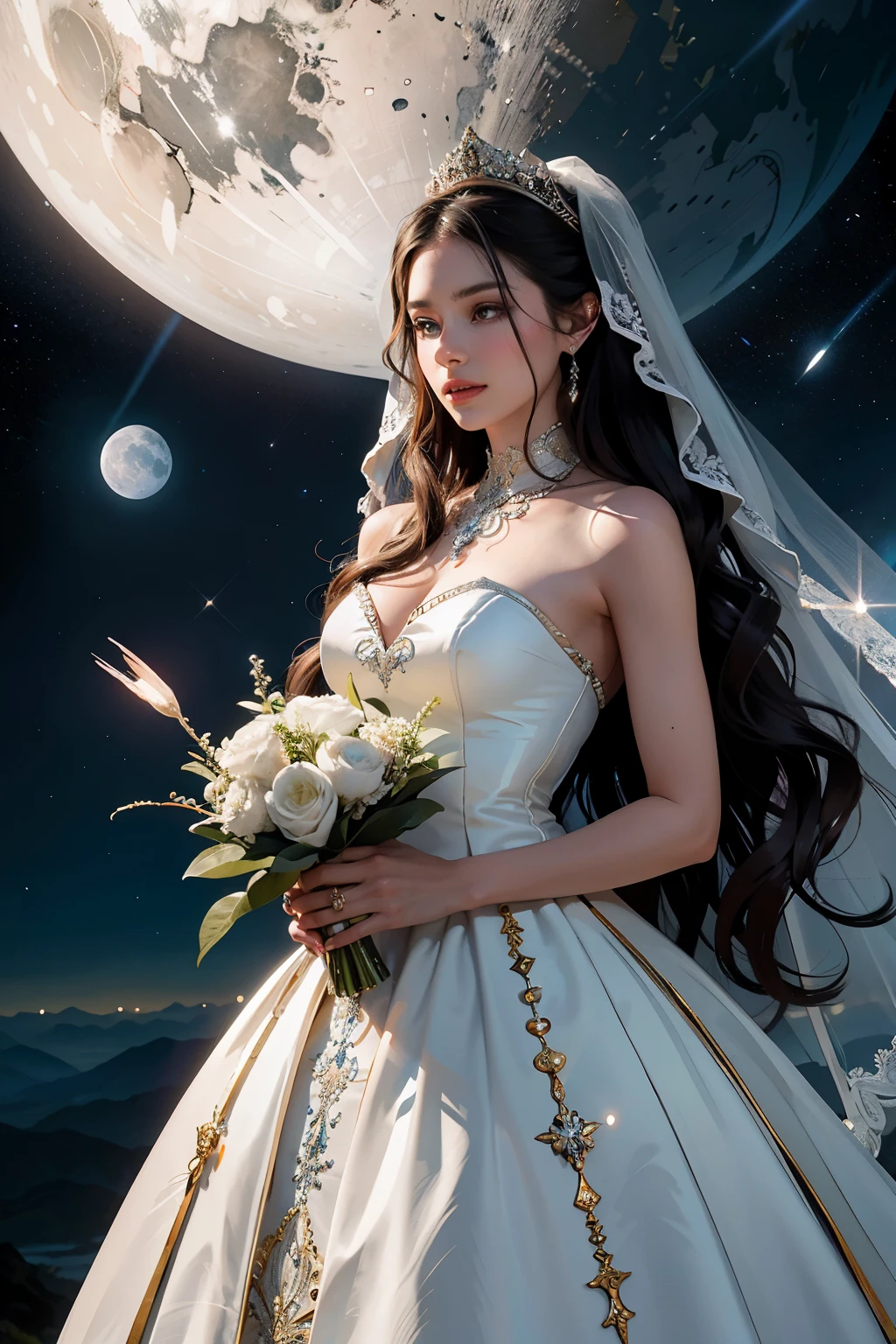 In the vast expanse of outer space, a modern and stylish wedding takes place against the backdrop of the mysterious moon and the beautiful blue Earth. The groom, dressed in a sleek tuxedo, gazes at his bride with adoration as she gracefully descends from a pop art-inspired spaceship. Her gown, an extravagant and realistic creation, shimmers under the celestial lights, adorned with intricate details and a breathtaking train. The bride's long, wavy hair cascades down her shoulders, shimmering like the stars around them. The setting is filled with a sense of wonder and magic, as the couple exchanges vows in this