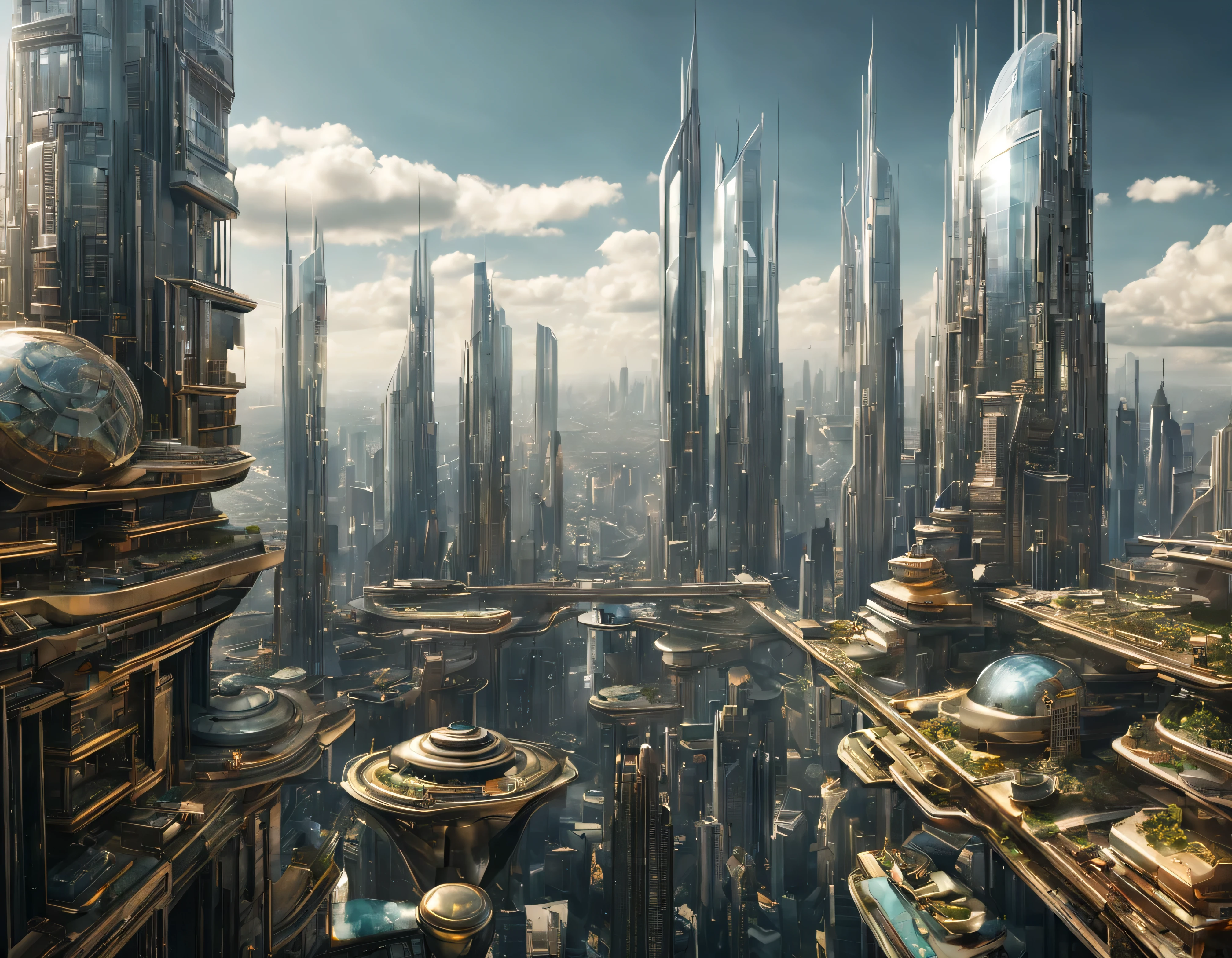 the city of megacity futuristic science fiction city as it would be in the year 3029, vista desde una terraza , with high-tech design , edificios de metal y cristal, autopistas cruzandolos, de una inmensidad impresionante, con el empleo de oro , plata y bronce en su construccion, realmente impresionante a la vista, imagen bien definida, fondo nitido bien defifido, con muchos edificios juntos. imagen nitida bien definida 8k. los edificios llegan alta el fondo.,8k. imagen cinematografica, renderizado 3d, ((obra maestra de superior calidad)).