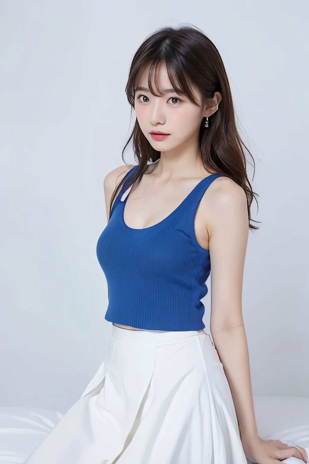 ((Top quality)), one beautiful woman, wearing blue Tank-top long skirt,35mm lens, f/1, cowboy shot, (white background: 1.3), flat chest, on bed,fantastical scenery