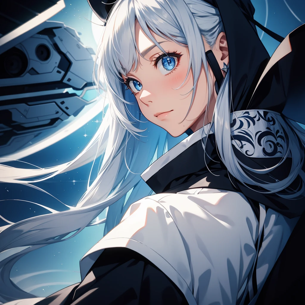 masterpiece, high quality, High resolution, disorganized, ((1 girl)), long hair, gray hair, (((closed mouth))), (creepy themed), shine, shineing, jewelry, blue theme, blue highlights, Chistyle, style, Chi, detailChi, sparkling, retro artstyle,