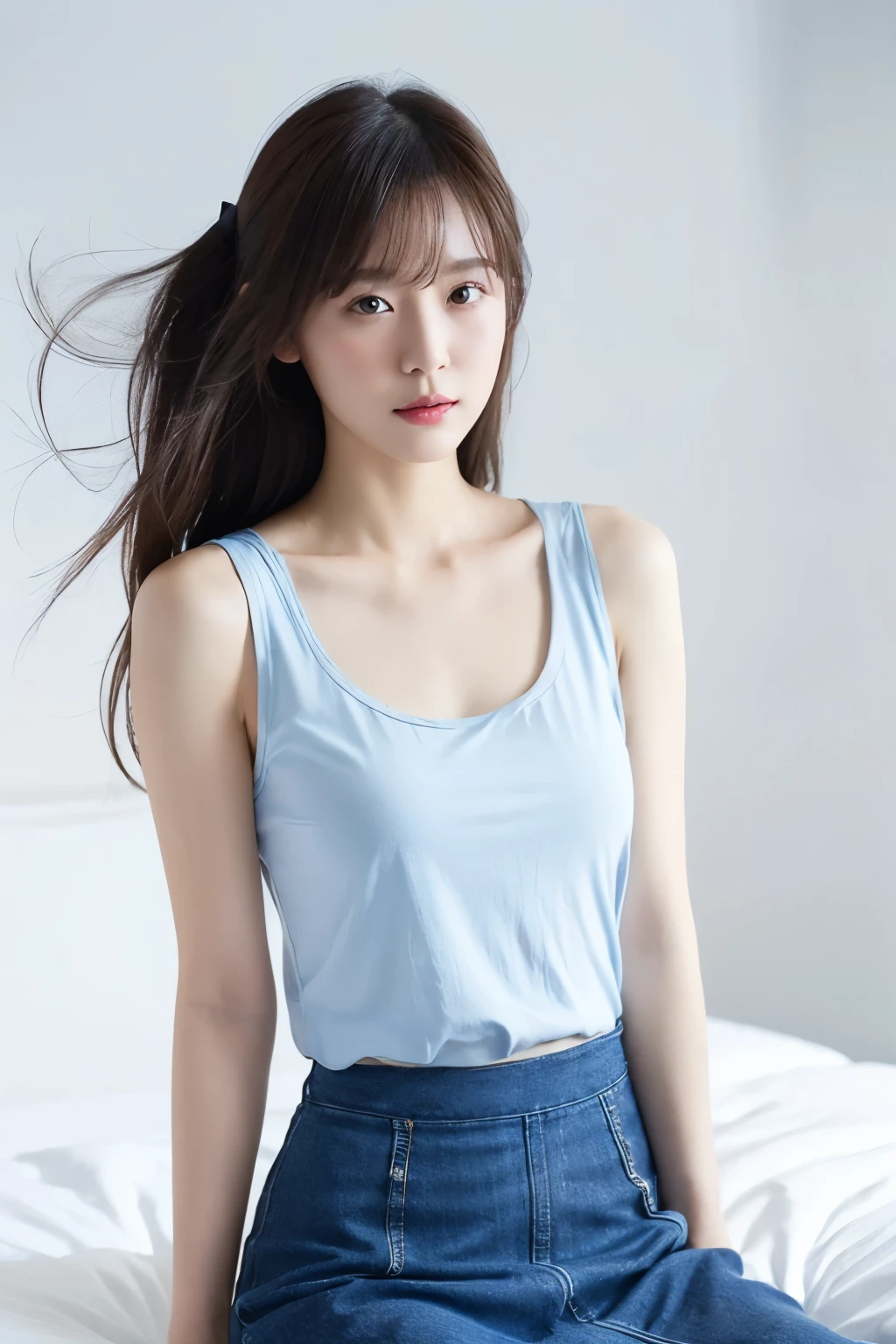 ((Top quality)), one beautiful woman, wearing blue Tank-top long skirt,35mm lens, f/1, cowboy shot, (white background: 1.3), flat chest, on bed,fantastical scenery,大きい目