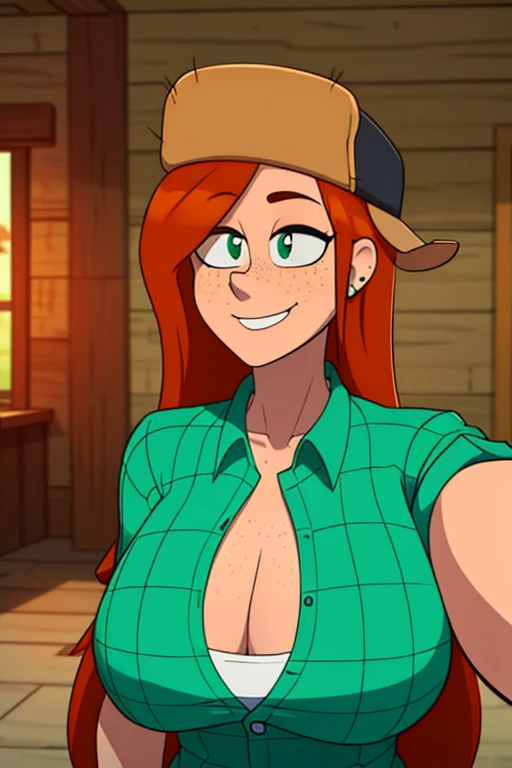 wendy corduroy, detail fingers, best quality, solo, hat, long hair, shirt, smile, orange hair, freckles, earrings, jewelry, green unbuttoned shirt, collared shirt, unbuttoned, indoors, upper body,((16k 1.8)), (gigantic breasts)