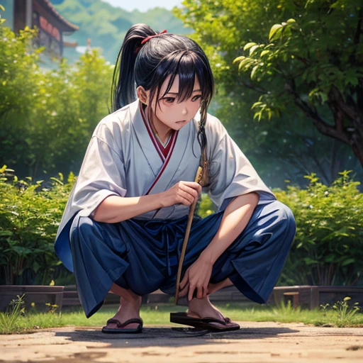 High resolution, Super detailed, masterpiece, highest quality,oriental、old japanese clothes、boy working in the field、squatting with weed、ponytail