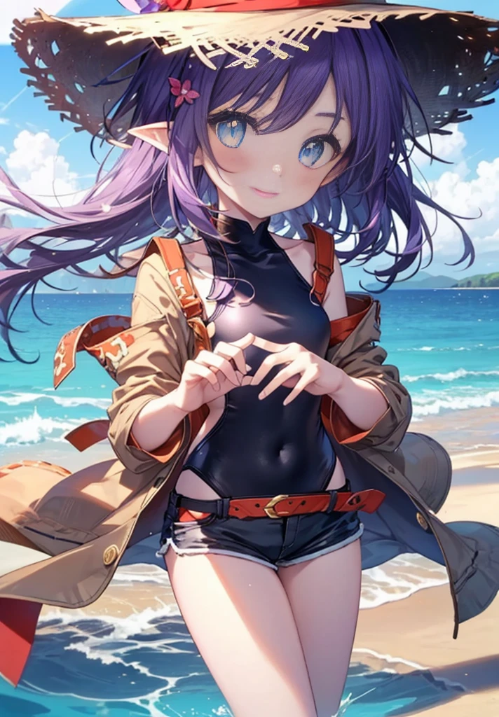 Yuki,Yuki　SAO,one girl,purple hair,Ahoge,long hair,red eyes,pointed ears,Braid,flower hair ornament,While strolling along the sandy sands of the beach,そよ風になびくpurple hair, purple swimsuit,shorts,straw hat,blush,smile,Are you having fun,(masterpiece:1.2), highest quality, High resolution, unity 8k wallpaper, (figure:0.8), (beautiful and fine eyes:1.6), highly detailed face, perfect lighting, Very detailed CG, (perfect hands, perfect anatomy),