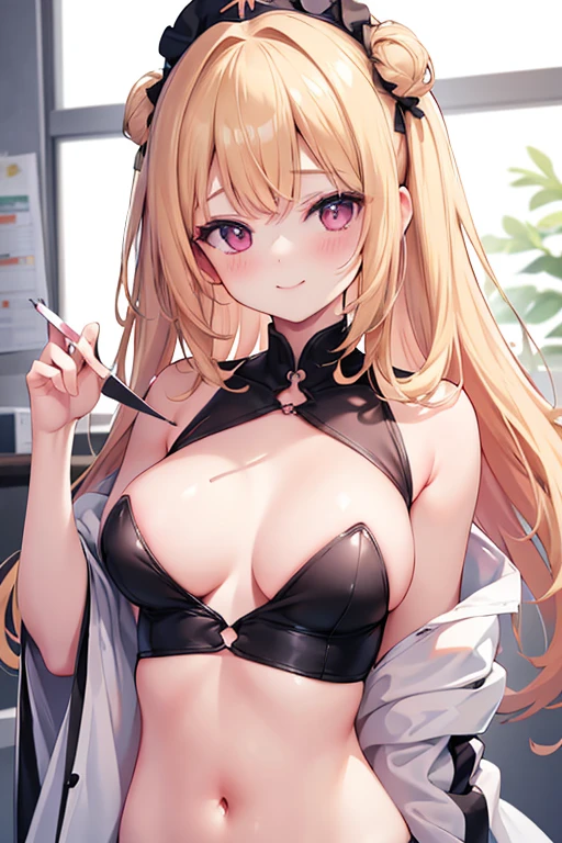 1girl, upper body, (mez, flashing, breasts out, measuring, ruler:1.2),small nipslips,
(best quality,masterpiece:1.3),absurdres,highres,8k, ultra high res, official art, blonde hair, smile, embarrassed, blush