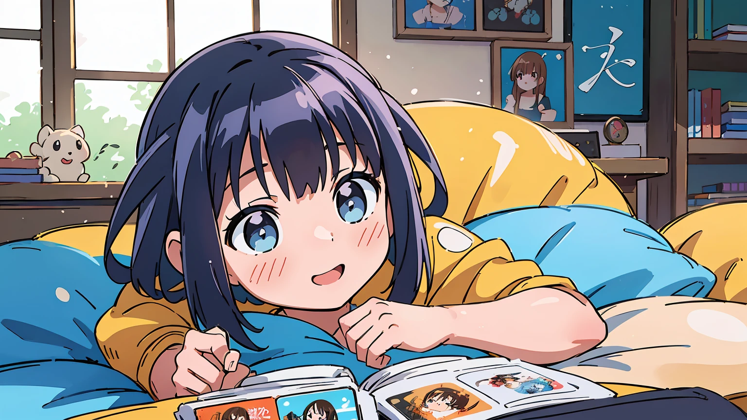 1 girl, Konoha Akisato, playing games, playing bishojo games, beautiful detailed eyes, colorful hair, cute smile, naked, nude, medium breasts, medium tits, without clothes, lying on a comfortable bed, surrounded by posters of anime characters, holding a comic book, the room is filled with warm sunlight, giving a cozy and inviting atmosphere, vibrant colors, the background decorated with shelves filled with manga books and figurines, creating a playful and lively environment, the air is filled with joy and excitement, capturing the essence of the girl's passion for games and anime. (best quality, 4k, highres, realistic, portraits, vivid colors, warm tones, natural lighting)