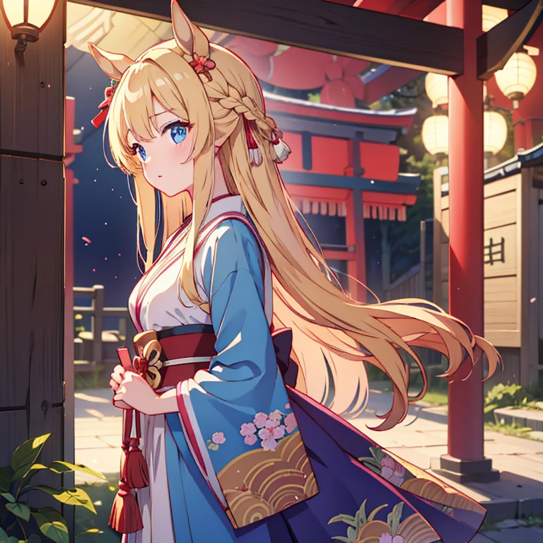 masterpiece, highest quality, very detailed, anime, girl, horse ears, blonde, young face, he is short, , very small breasts, long hair, umamusume, blue eyes, Furisode, shrine, new year, first visit of the year to a shrine,