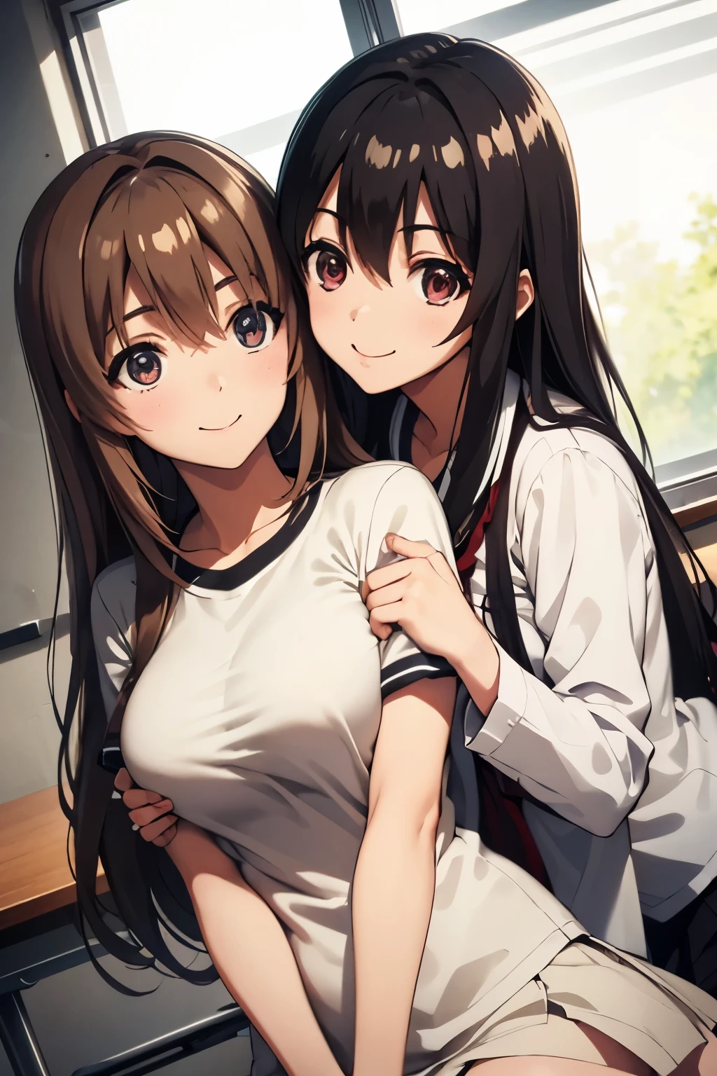 Full body, Japanese high school students, two girls, a girl with brown wavy hair and a girl with straight black hair, cute, big eyes, small nose, big breasts, slender, shirt, classroom, cuddling, smiling,