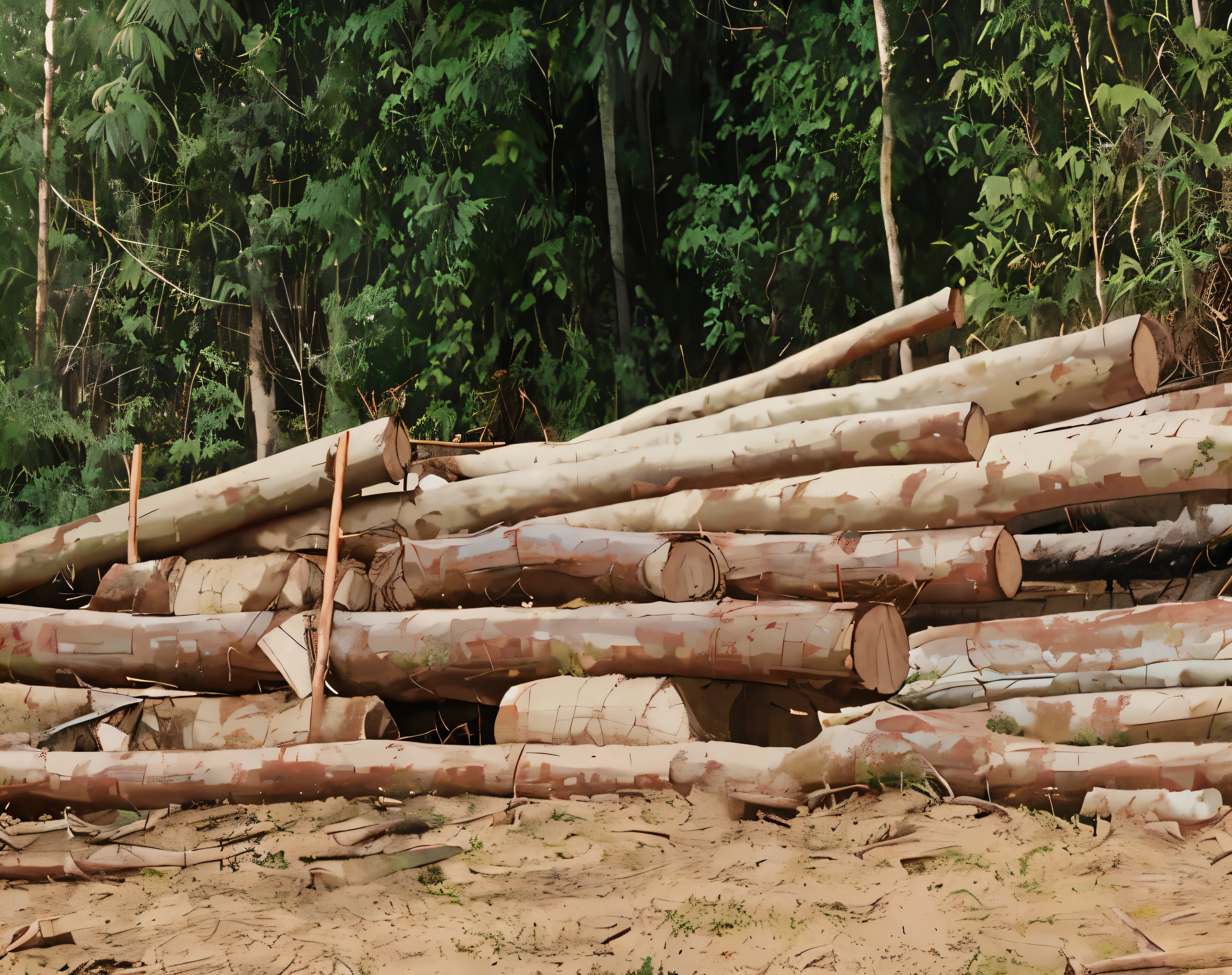 2D animation background art of a loging site in Malaysia, pixar- style background art, there is a pile of logs that are sitting in the dirt, wooden logs, deforestation, forestry, piled around, rendering of log pile factory, cleared forest, huge tree trunks, rainforest jungle, no palm trees, a wooden, the photo shows a large, dug stanat, wood materials, high quality photos, help me, destroyed forest, various sizes, l