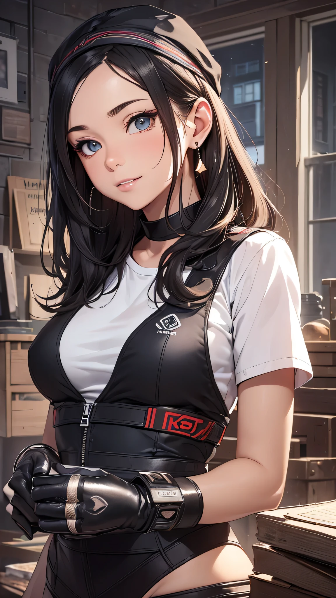 最high quality、best image quality、masterpiece、teenage girl((18-year-old、 By becoming、vest bust、medium bust,wide open breast tea、black eye, black hair、long hair、thin,highest valley、Perforated gloves、blue earrings、bandana、Black workwear、white t-shirt、smile、There is a spanner、There are black stains all over the body)),high quality、beautiful art、background((Mechanic Room)),debris flies、Depth of written boundary、movie、visual art、perfect art、8K,genuine