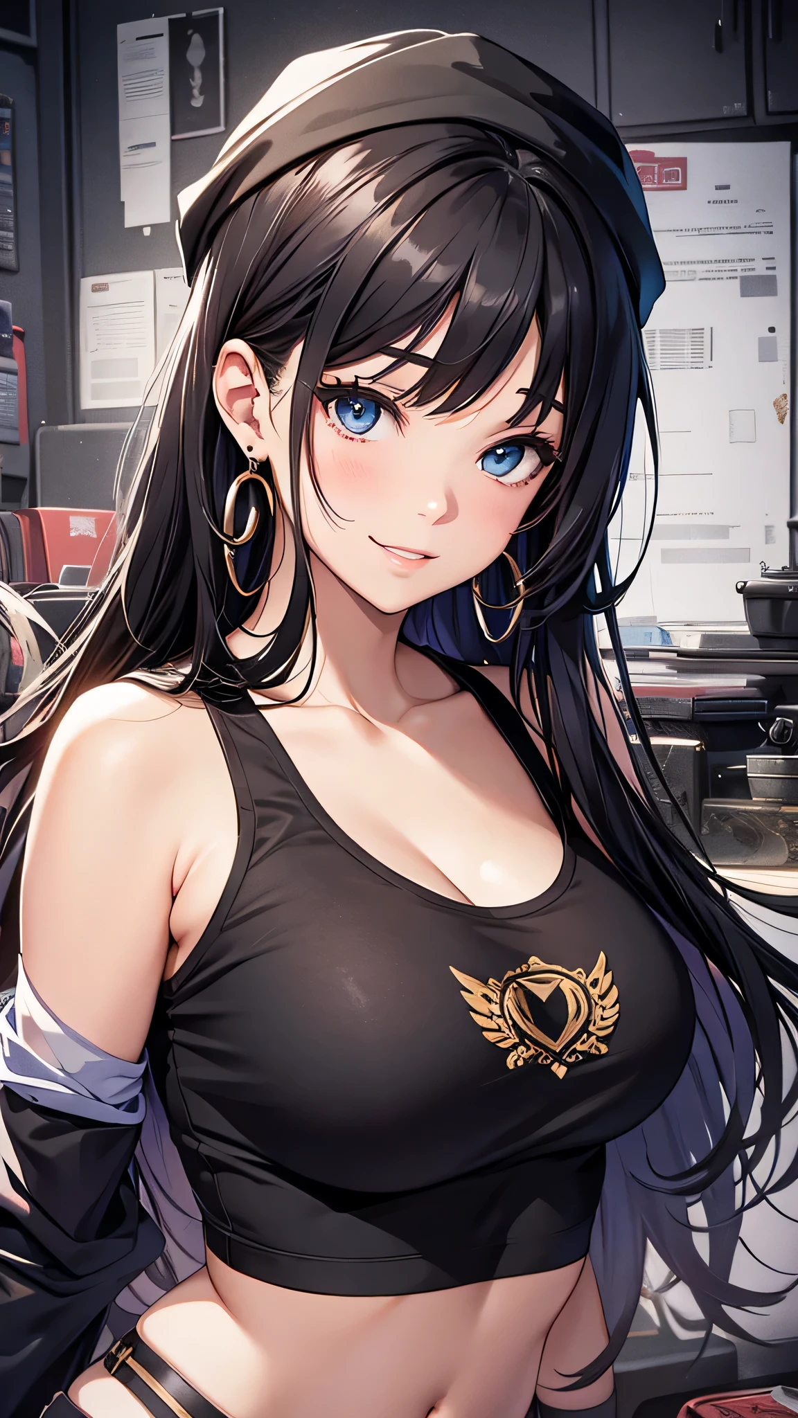 最high quality、best image quality、masterpiece、teenage girl((18-year-old、 By becoming、vest bust、???????????,wide open ?????? tea、black eye, black hair、long hair、thin,highest valley、Perforated gloves、blue earrings、bandana、Black workwear、white t-shirt、smile、There is a spanner、There are black stains all over the body)),high quality、beautiful art、background((Mechanic Room)),debris flies、Depth of written boundary、movie、visual art、perfect art、8K,genuine