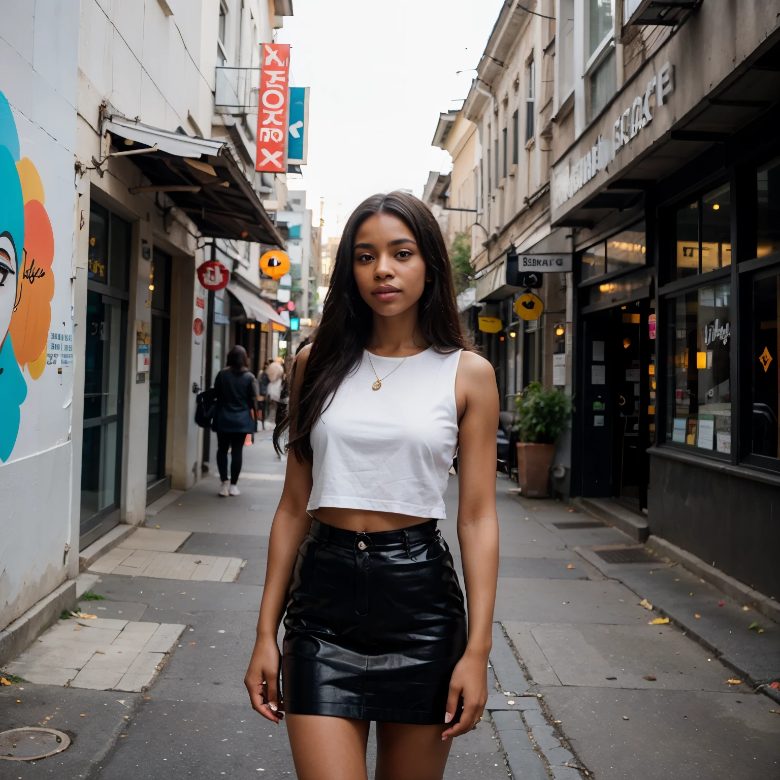 An African Anquan female, long hair, near a vibrant cityscape featuring colorful street art, bustling urban life, or a cozy corner café.