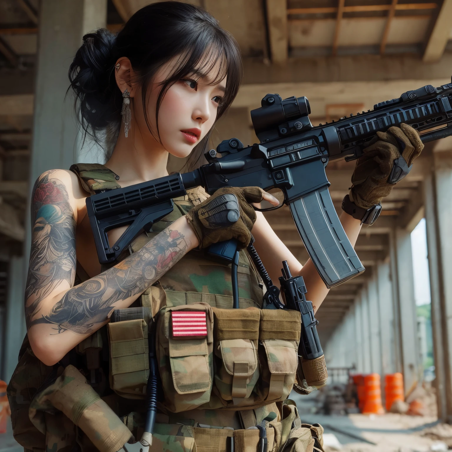 photorealistic、realistic skin texture、automatic rifle