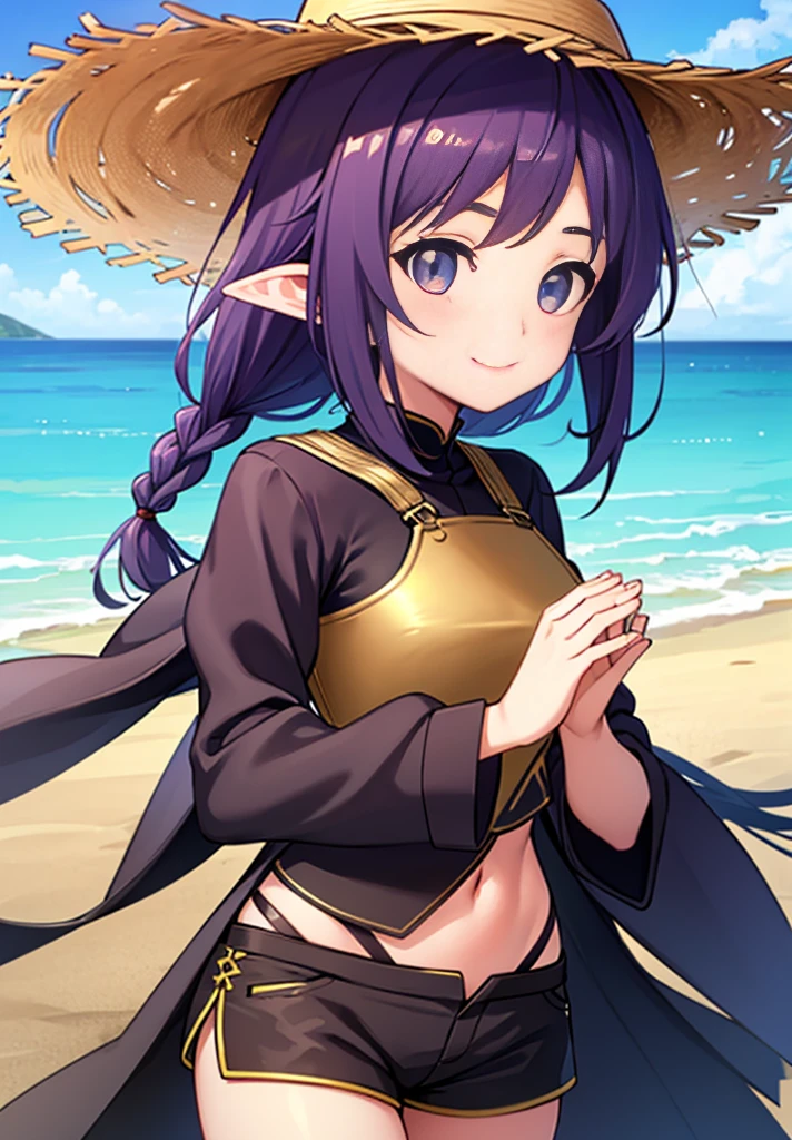 Yuki,Yuki　SAO,one girl,purple hair,Ahoge,long hair,red eyes,pointed ears,Braid,flower hair ornament,While strolling along the sandy sands of the beach,そよ風になびくpurple hair, purple swimsuit,shorts,straw hat,blush,smile,Are you having fun,(masterpiece:1.2), highest quality, High resolution, unity 8k wallpaper, (figure:0.8), (beautiful and fine eyes:1.6), highly detailed face, perfect lighting, Very detailed CG, (perfect hands, perfect anatomy),