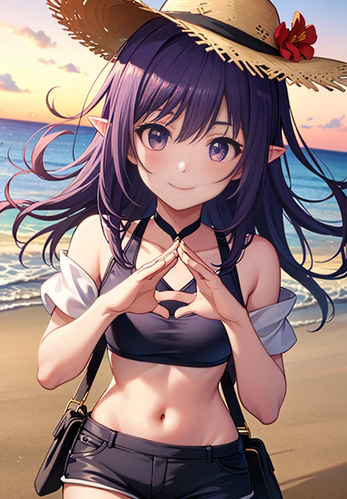 Yuki,Yuki　SAO,one girl,purple hair,Ahoge,long hair,red eyes,pointed ears,Braid,flower hair ornament,While strolling along the sandy sands of the beach,そよ風になびくpurple hair, purple swimsuit,shorts,straw hat,blush,smile,Are you having fun,(masterpiece:1.2), highest quality, High resolution, unity 8k wallpaper, (figure:0.8), (beautiful and fine eyes:1.6), highly detailed face, perfect lighting, Very detailed CG, (perfect hands, perfect anatomy),