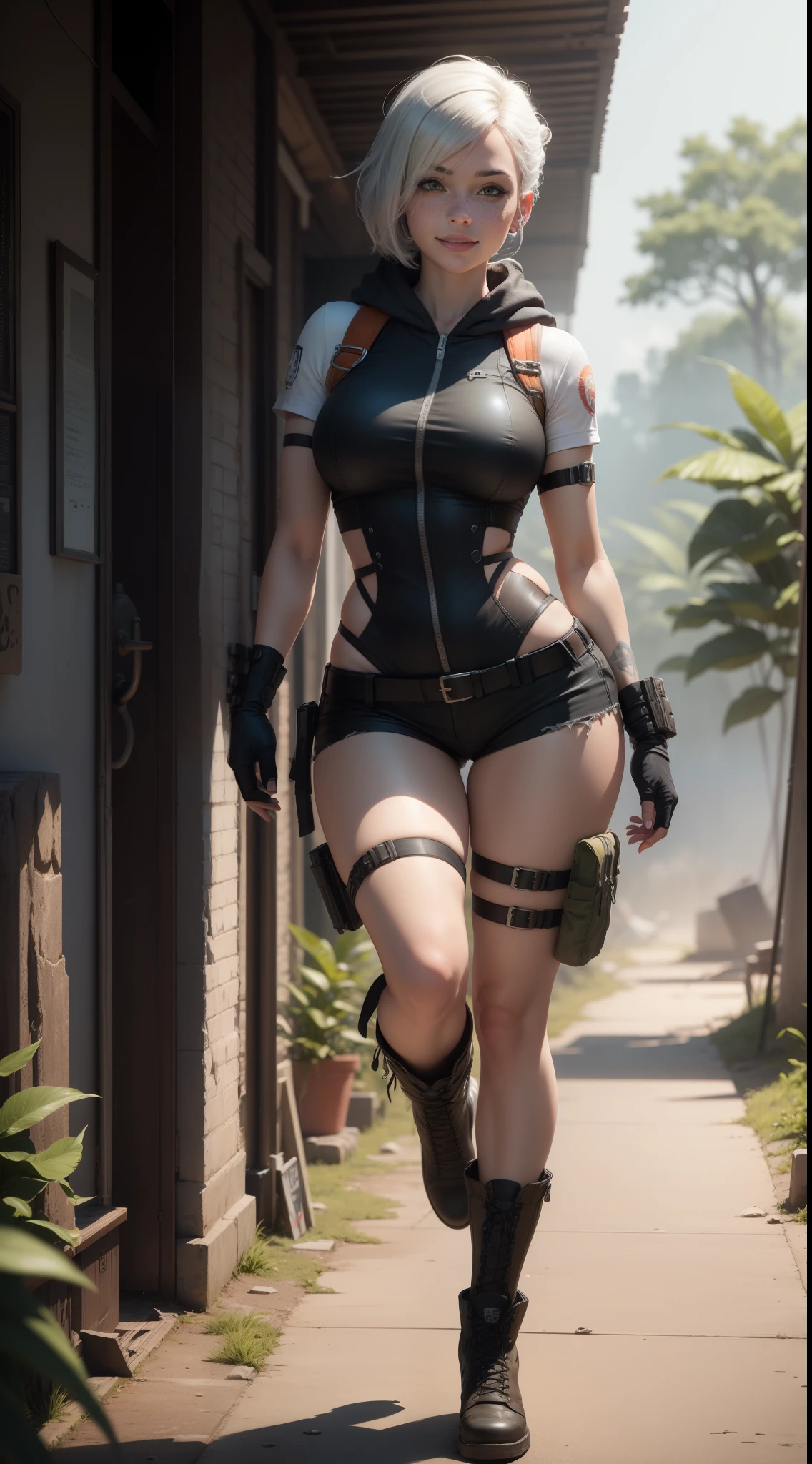 gwen tennyson,yorha 2b,lara croft,jill valentine,overwatch,tomb raider,close up, amazonian jungle ruins,tattoos,white and orange plugsuit,white short sleeve military leotard,sleeveless military hoodie,cargo shorts,military harness,short punk hair,punk makeup,green eyes,multicolored silver hair, military gloves,sexy smile,freckles,beautiful girl,tall military boots,large breasts,8k,ultra detailed,realistic,fantasy art,parkour stance, military uniform,hair pin,ear piercings,(weather:windy),1girl,military gear,