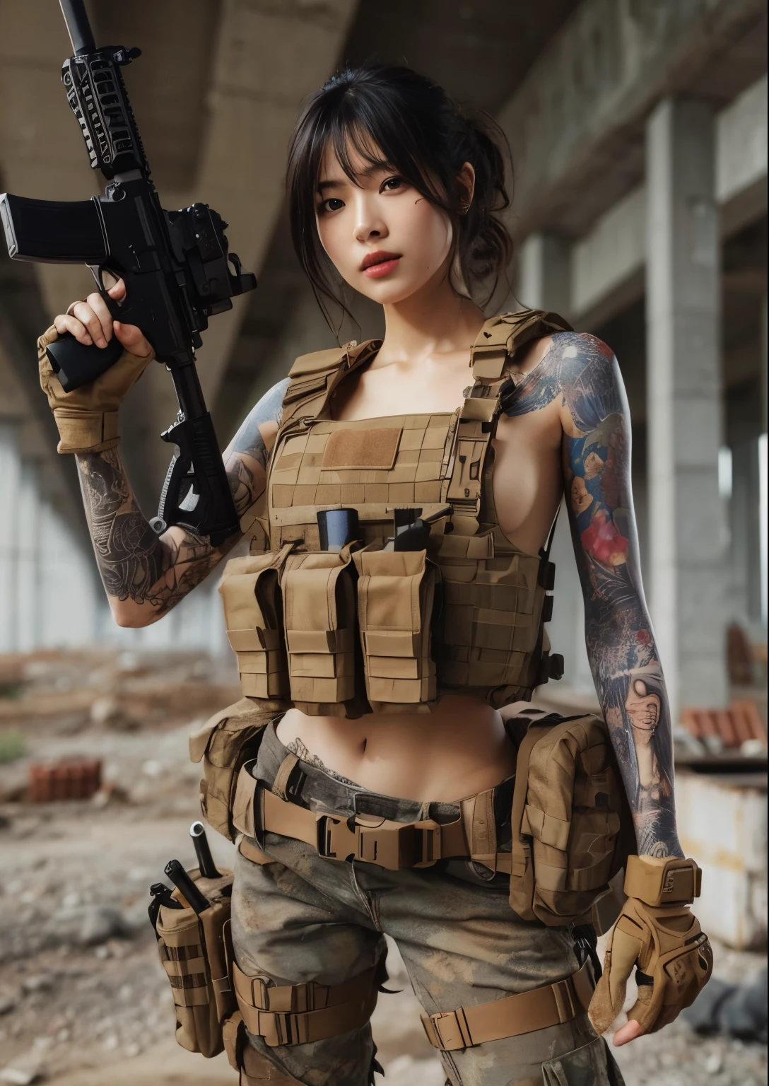 photorealistic、realistic skin texture、automatic rifle