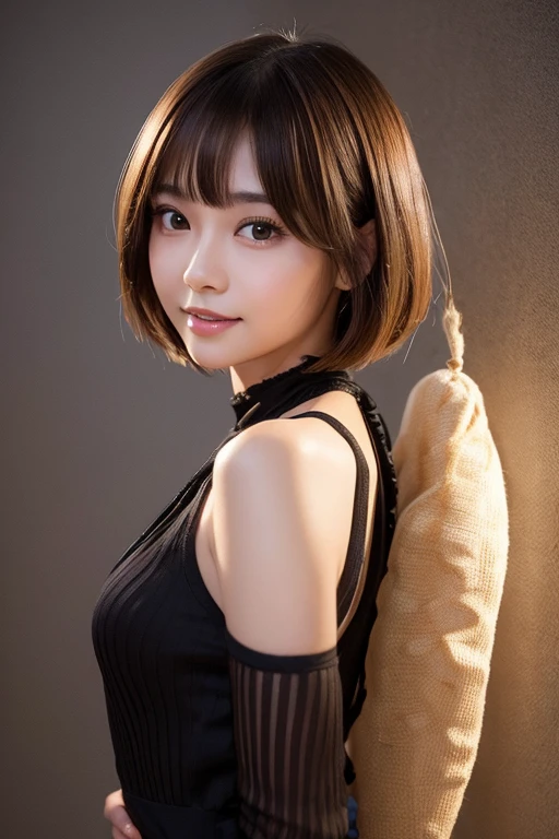 Echiechi, Constricted body, Rumor, adult woman, 30 generations, beautiful detailed eyes, short bob hair, best quality, masterpiece, Layer Bob Hair, Moist eyes, Pixie Cut, Awesome pose, long eyes, brown eyes, brown eyes, smile, smiling, real, glossy lips, Chubby lips, Japanese, natural makeup, Kaede Fua, small ass, slender face, professional lighting, cowboy shot, 8 heads and bodies, selfie, Menes, doll, simple background