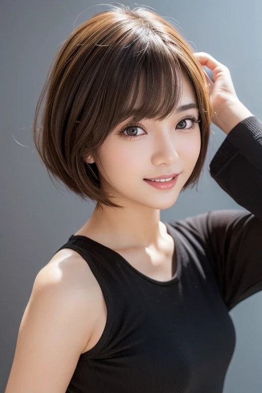 Echiechi, Constricted body, Rumor, adult woman, 30 generations, beautiful detailed eyes, short bob hair, best quality, masterpiece, Layer Bob Hair, Moist eyes, Pixie Cut, Awesome pose, long eyes, brown eyes, brown eyes, smile, smiling, real, glossy lips, Chubby lips, Japanese, natural makeup, Kaede Fua, small ass, slender face, professional lighting, cowboy shot, 8 heads and bodies, selfie, Menes, baby doll, simple background