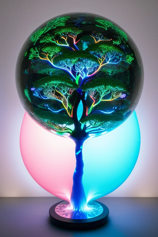 Phylogenetic tree and its roots creatures sphere transparent Luminescent liquid inside collide ripples