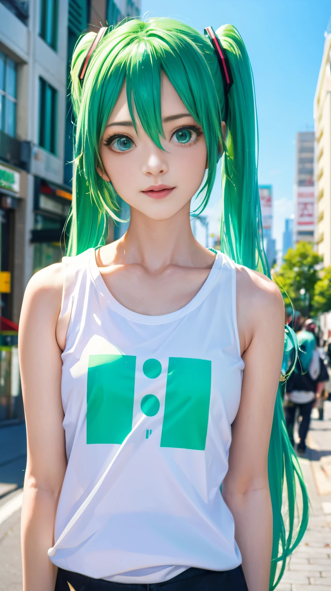 25 years old, Hatsune Miku, city, green hair, green eyes, vocaloid, girl in need, collar, white shirt, t-shirt, blue short, sleeveless, looking at viewer, standing