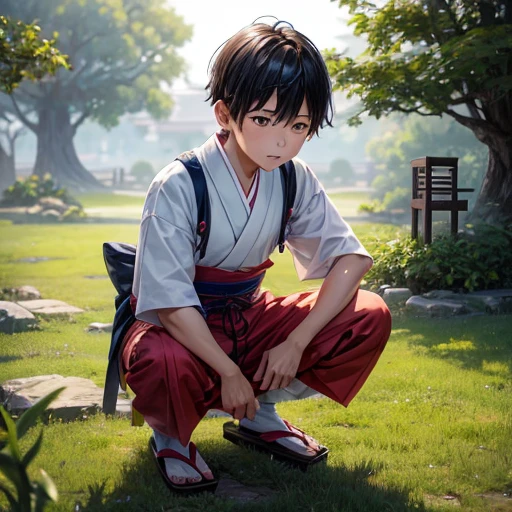 High resolution, Super detailed, masterpiece, highest quality,oriental、old japanese clothes、boy working in the field、squatting with weed、juvenile、
