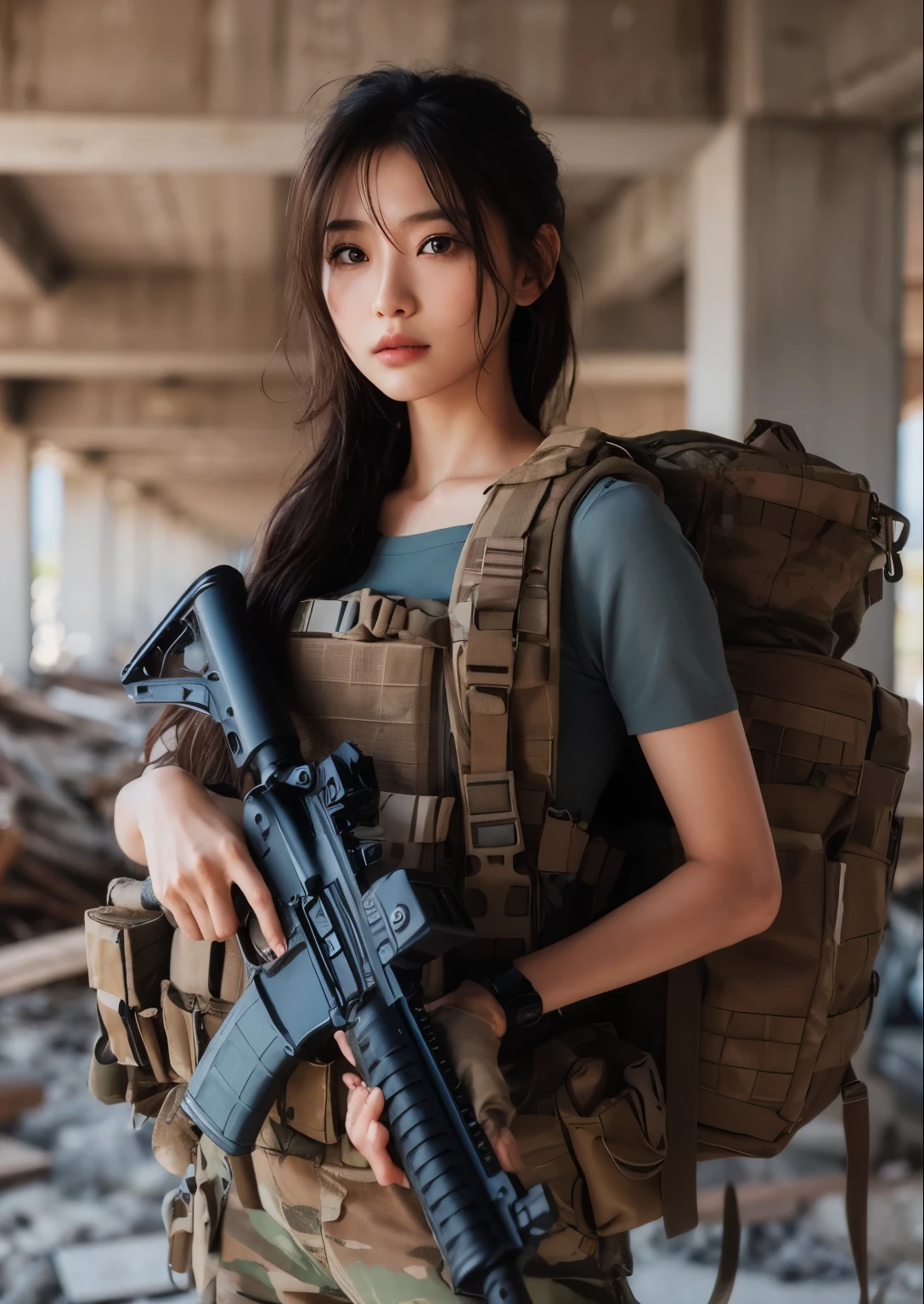 photorealistic、realistic skin texture、automatic rifle