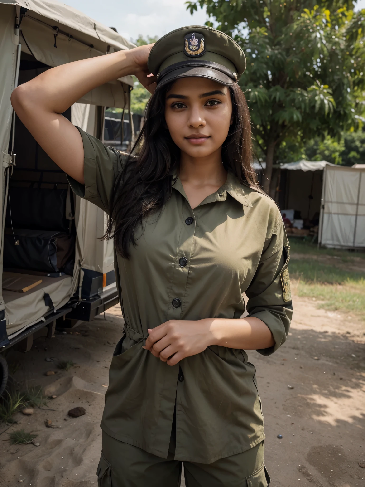 Generate a 4K HDR portrait depicting a 23-year-old Indian girl with fair skin standing against a military camp background. Capture her attractive eyes, long golden waves of hair, and light black hair styled in loose waves. Dress her in a military uniform (air force student) with a cap, shirt, and pants. Include makeup and jewelry, emphasizing a smiling expression. Ensure the portrayal is realistic, detailed, and evokes a military ambiance in the background.