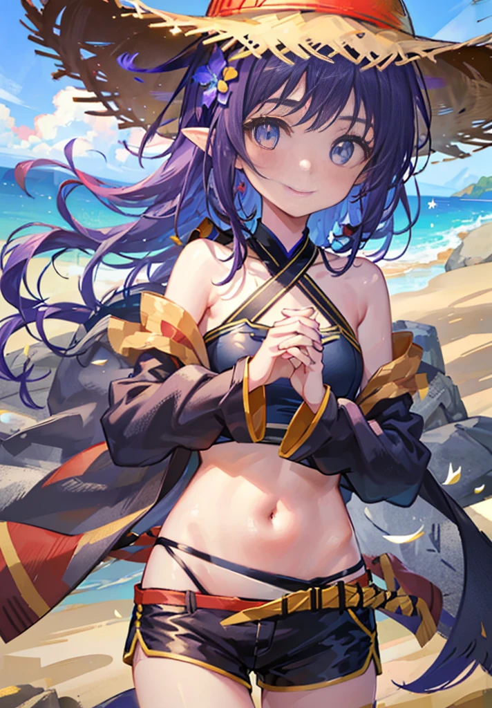 Yuki,Yuki　SAO,one girl,purple hair,Ahoge,long hair,red eyes,pointed ears,Braid,flower hair ornament,While strolling along the sandy sands of the beach,そよ風になびくpurple hair, purple swimsuit,shorts,straw hat,blush,smile,Are you having fun,(masterpiece:1.2), highest quality, High resolution, unity 8k wallpaper, (figure:0.8), (beautiful and fine eyes:1.6), highly detailed face, perfect lighting, Very detailed CG, (perfect hands, perfect anatomy),