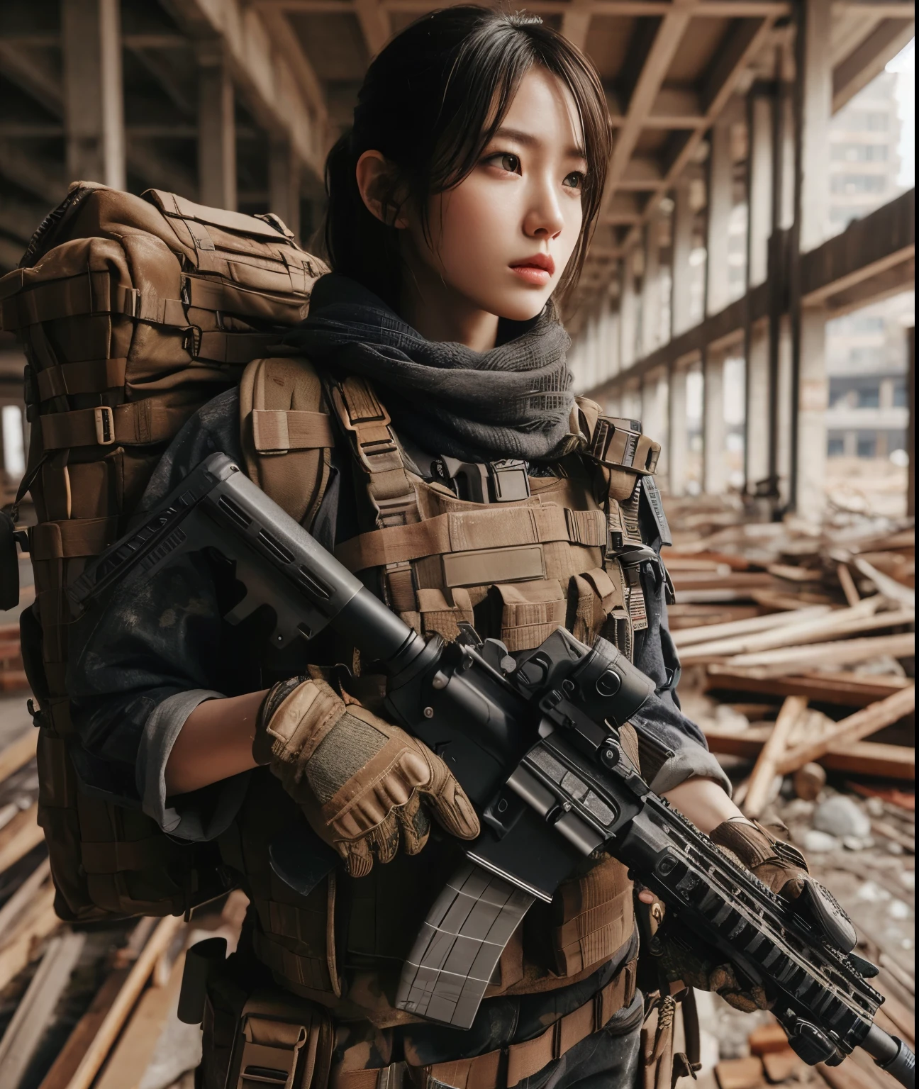 photorealistic、realistic skin texture、automatic rifle