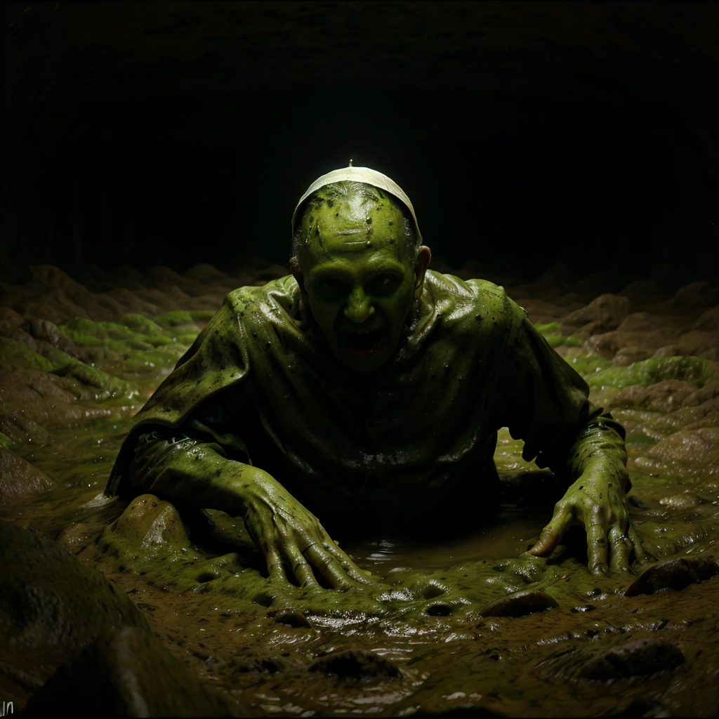 GreenSlimeAI Pope Francis PopeFra emerging from the ground in a swamp cemetery., Open mouth screaming, suffering expression, Dark ambiance, saliva trails