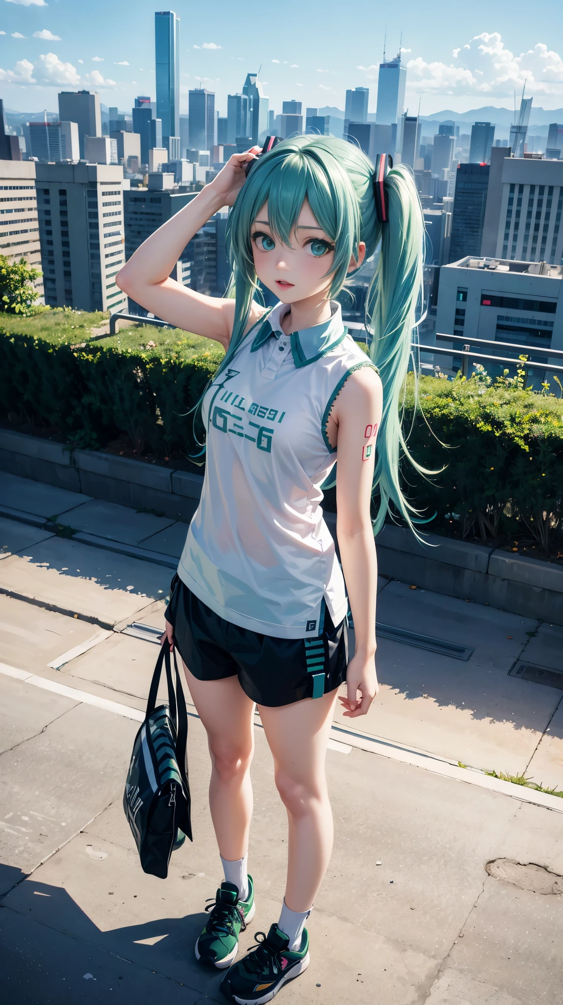 25 years old, Hatsune Miku, city, green hair, green eyes, vocaloid, girl in need, collar, white shirt, t-shirt, blue short, sleeveless, looking at viewer, standing