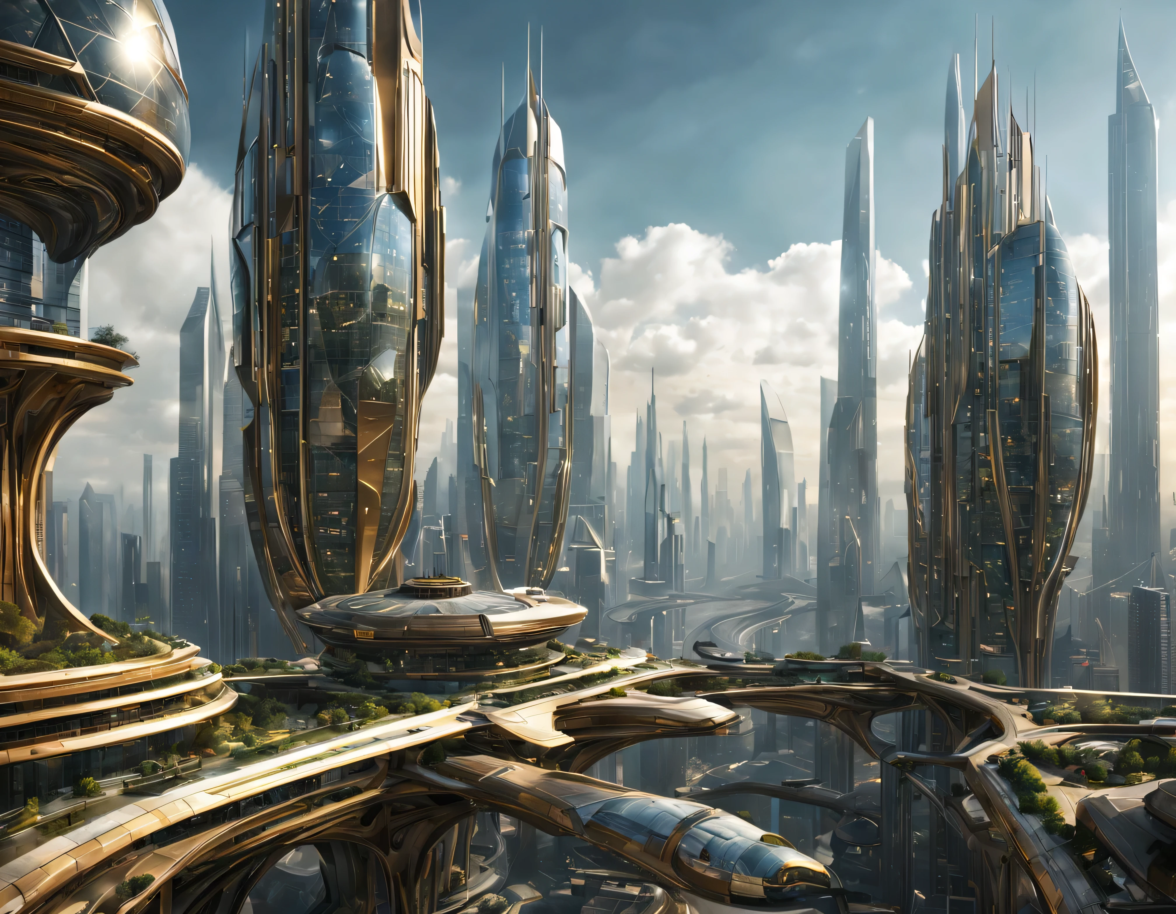 the city of megacity futuristic science fiction city as it would be in the year 3029, vista desde una terraza , with high-tech design , edificios de metal y cristal, autopistas cruzandolos, de una inmensidad impresionante, con el empleo de oro , plata y bronce en su construccion, realmente impresionante a la vista, imagen bien definida, fondo nitido bien defifido, con muchos edificios juntos. imagen nitida bien definida 8k. los edificios llegan alta el fondo.,8k. imagen cinematografica, renderizado 3d, ((obra maestra de superior calidad)).