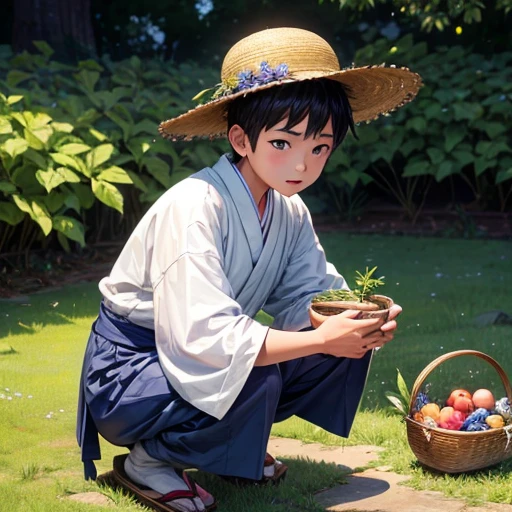 High resolution, Super detailed, masterpiece, highest quality,oriental、old japanese clothes、boy working in the field、squatting with weed、boy carrying a basket、