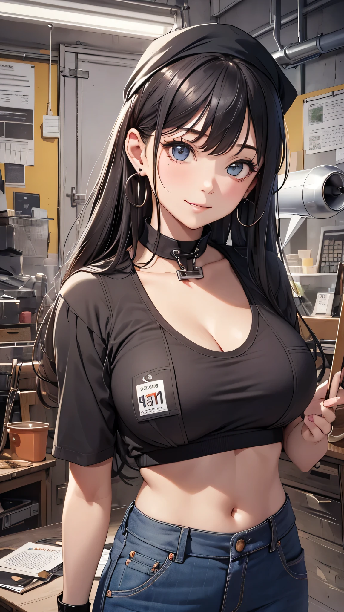 最high quality、best image quality、masterpiece、teenage girl((18-year-old、 By becoming、vest bust、medium bust,wide open breast tea、black eye, black hair、long hair、thin,highest valley、Perforated gloves、blue earrings、bandana、Black workwear、white t-shirt、smile、There is a spanner、There are black stains all over the body)),high quality、beautiful art、background((aircraft、workroom、Mechanic Room)),debris flies、Depth of written boundary、movie、visual art、perfect art、8K,genuine